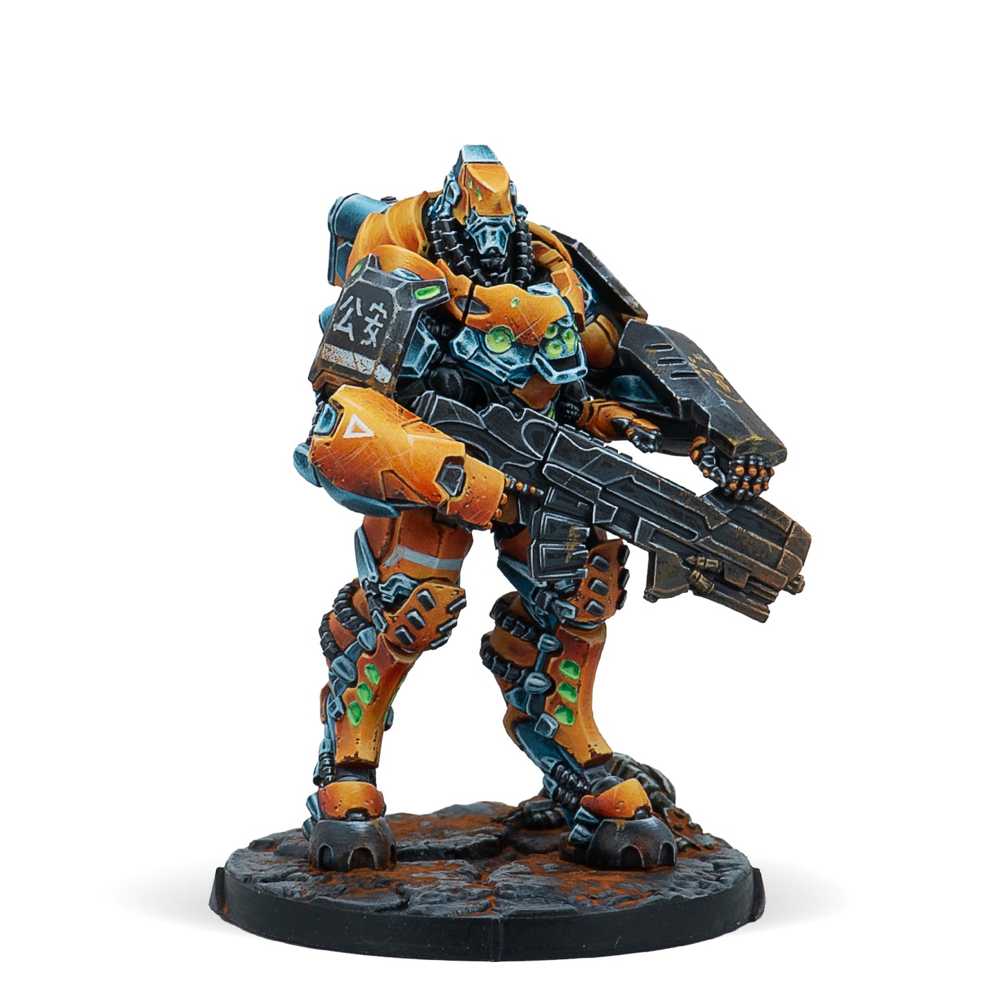 A painted miniature figure of a futuristic law enforcement robot in orange and blue with detailed armor and hardware.