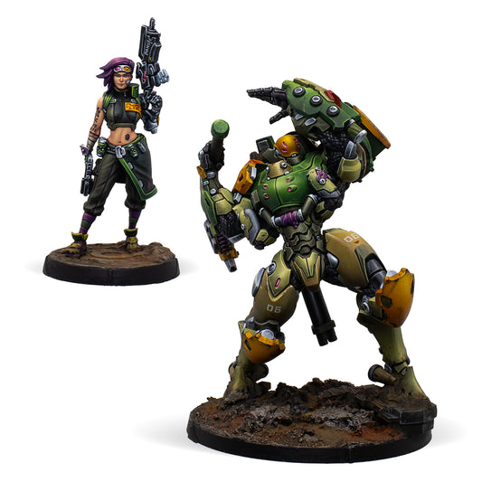 Two detailed figurines on stands against a white background