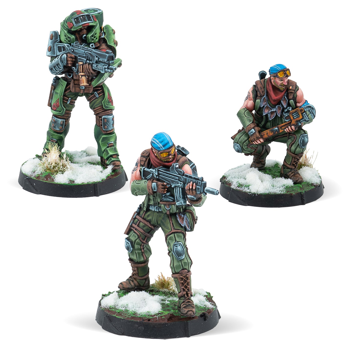 Three miniature figures for the Infinity game, representing the TAK (Territorial Defense Regiments) with a Konduktor and Barsuk, engaging in combat scenarios.