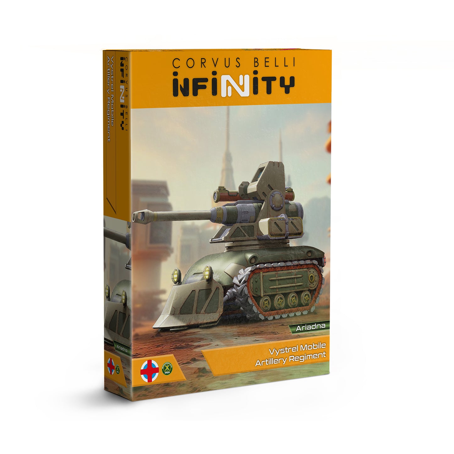 Box for Corvus Belli Infinity game with a tank model on a white background