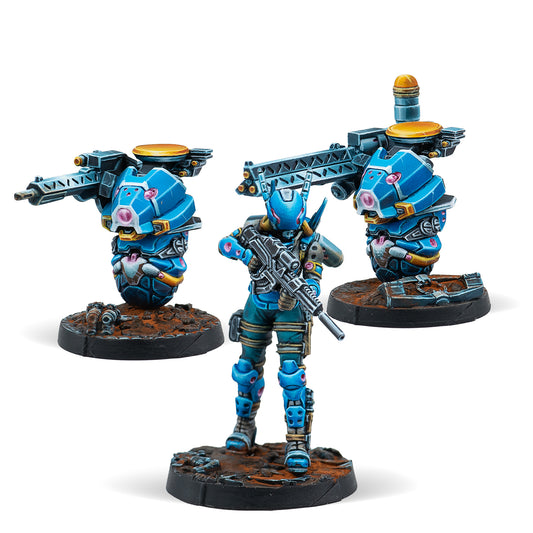 Three miniature figures from the Mobile Support Section, with one figure equipped with a marksman rifle and two figures equipped with different types of guns.