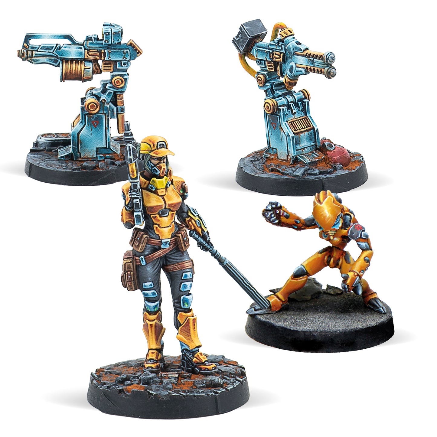 Three detailed figurines on stands with a white background