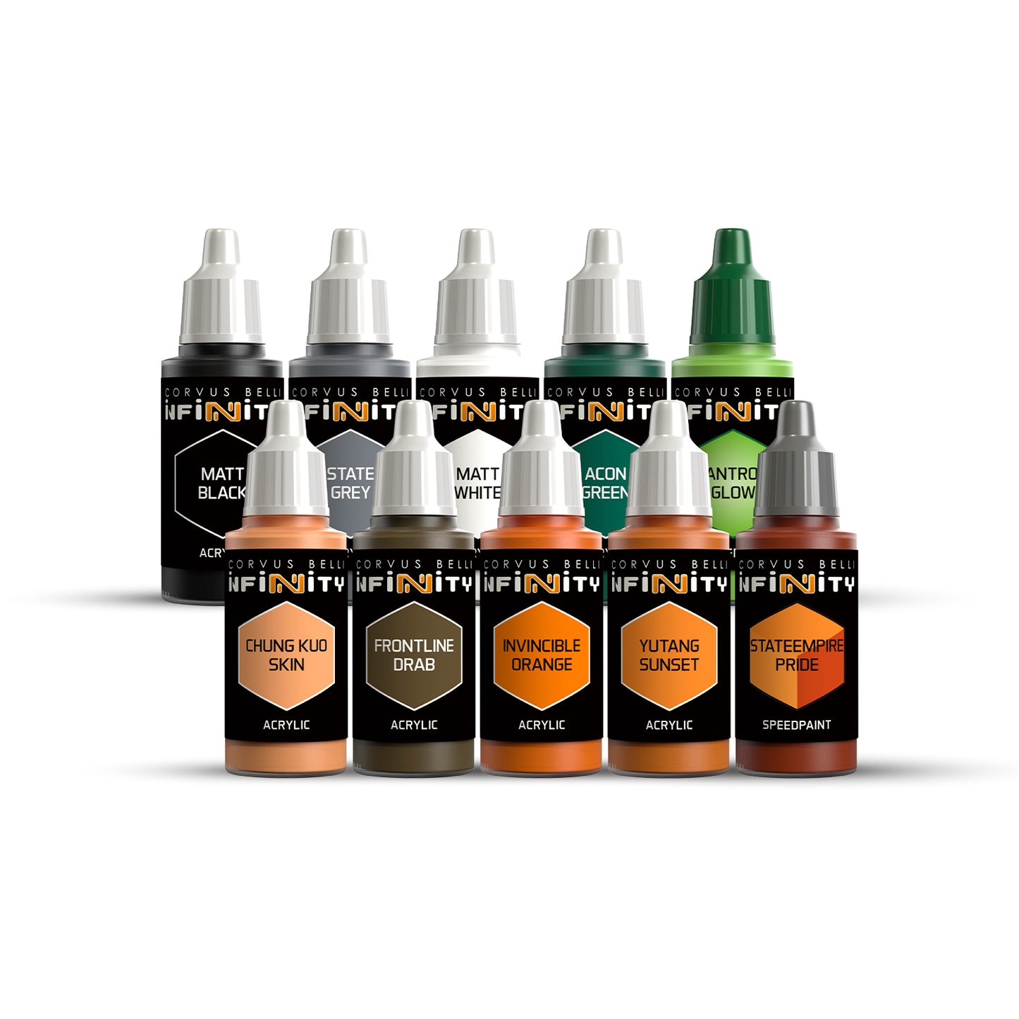 Set of Infinity acrylic paint bottles on a white background