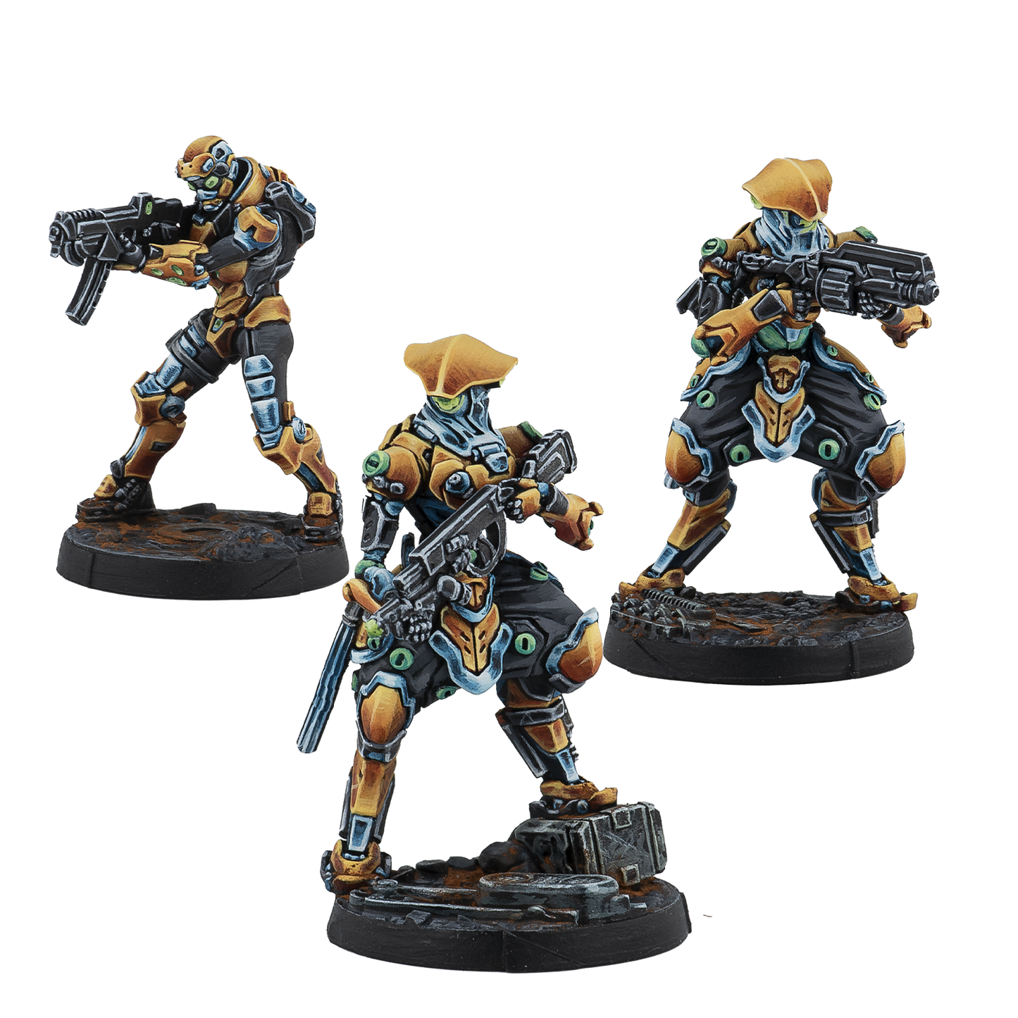 Three detailed figurines with futuristic armor and weapons on a white background
