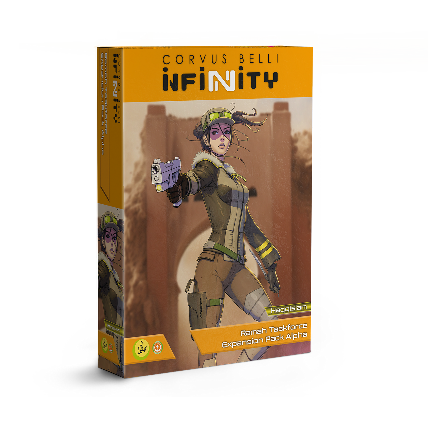 Box for 'Infinity' game expansion pack featuring a character in futuristic gear.