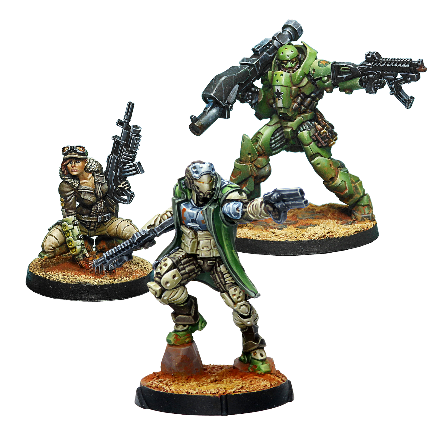 Three miniature figures with weapons on a white background