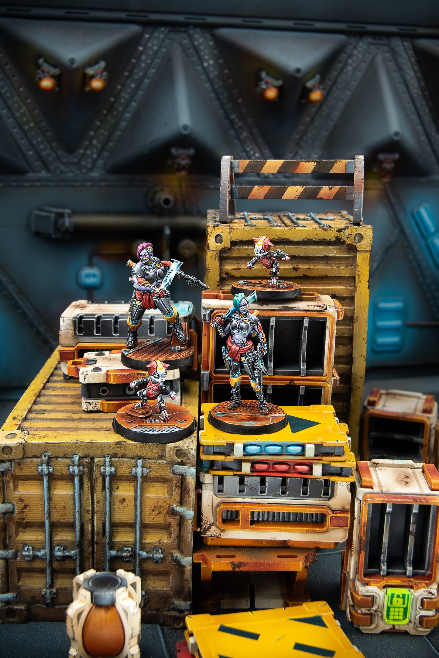 Toy figures on a wooden crate with a detailed background