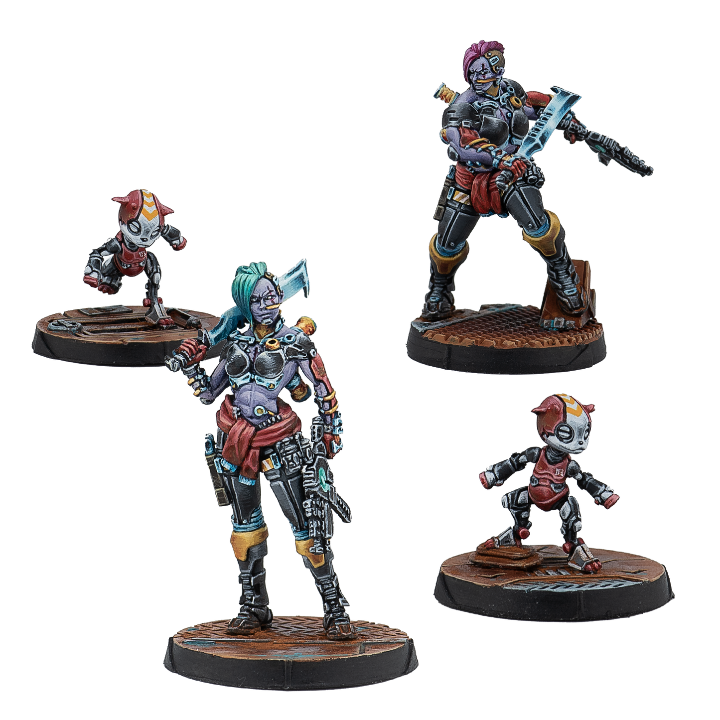 Four stylized figurines on bases against a white background