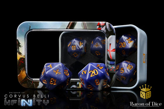 Torchlight dice shown in metal tin.