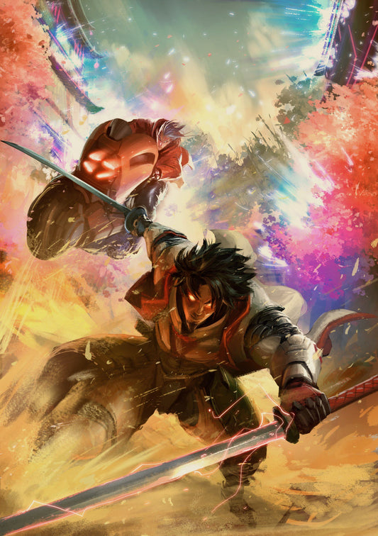 Two warriors in a battle stance against a colorful, abstract background