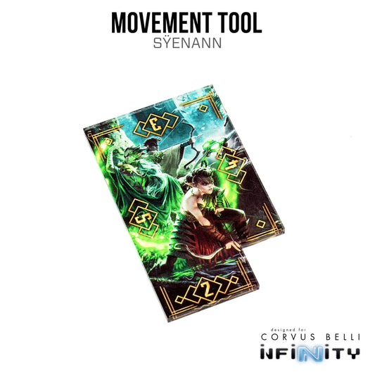 A promotional image featuring a movement tool for a game, with artwork depicting fantasy characters and magical elements, under the brand Corvus Belli Infinity.