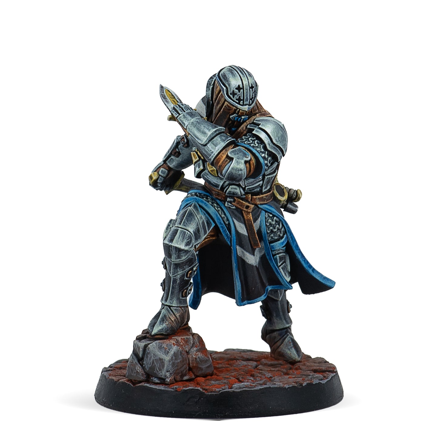 Fantasy warrior figurine with armor and sword on a white background