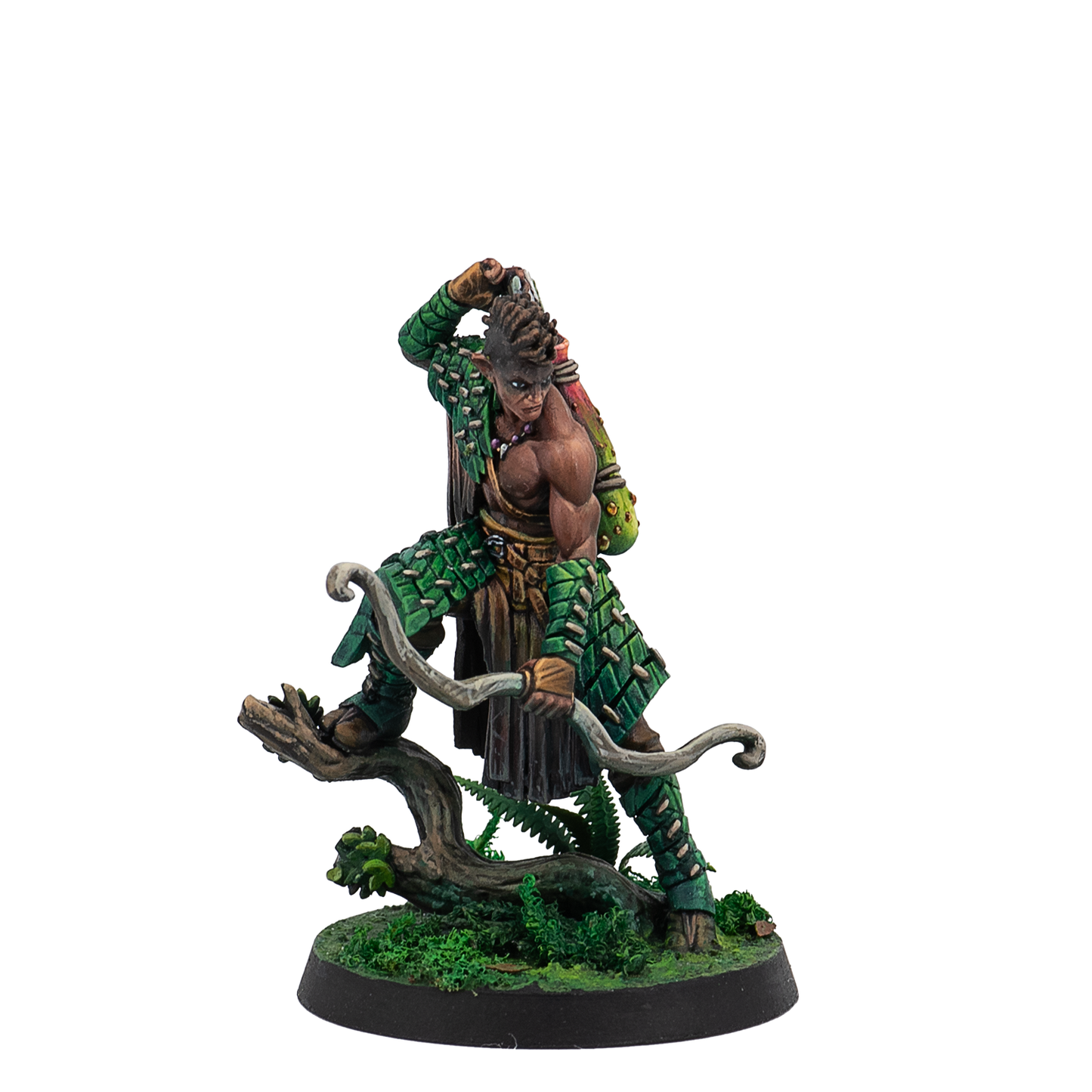 Statue of a warrior with a bow and green armor on a white background
