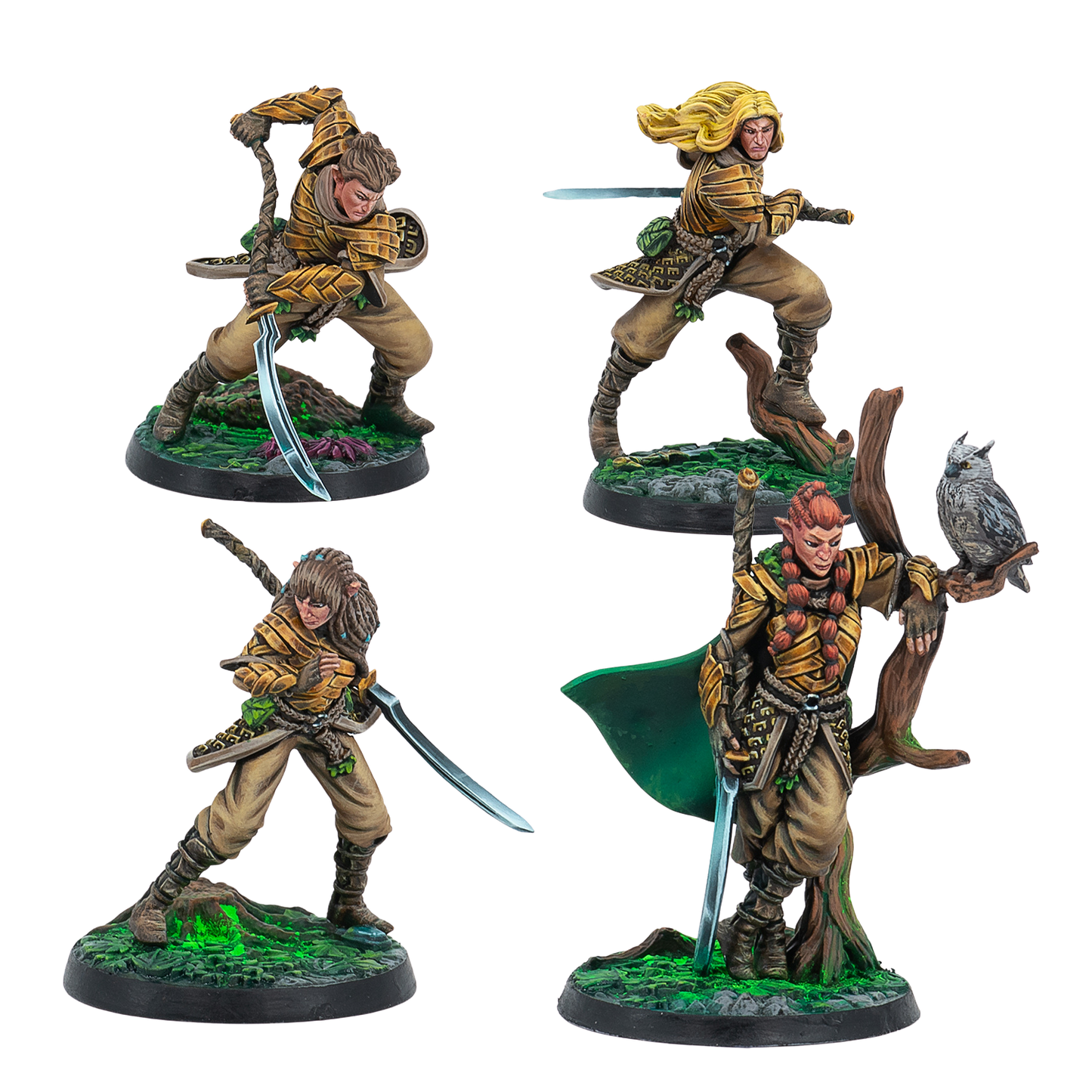Four fantasy figurines on a white background