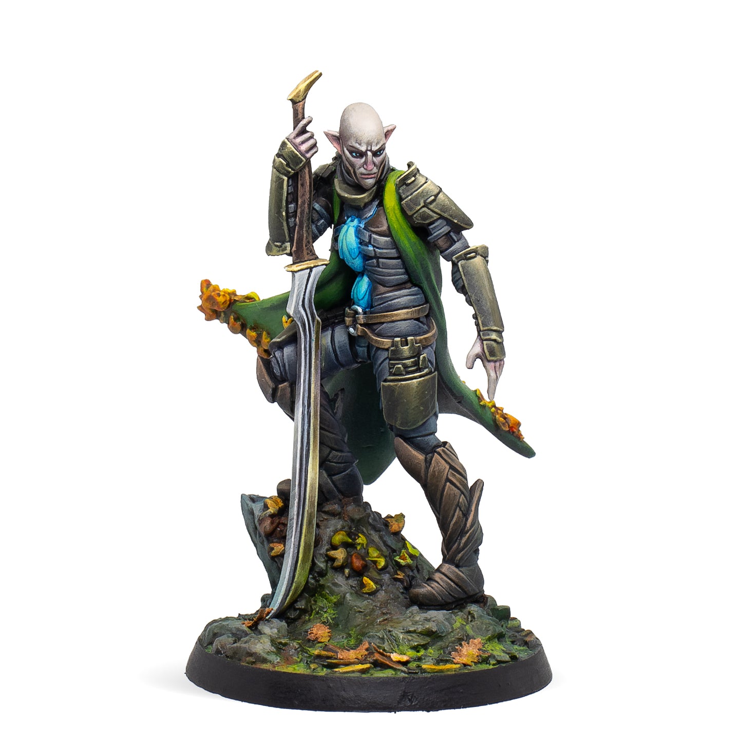 Fantasy figurine with armor and sword on a white background