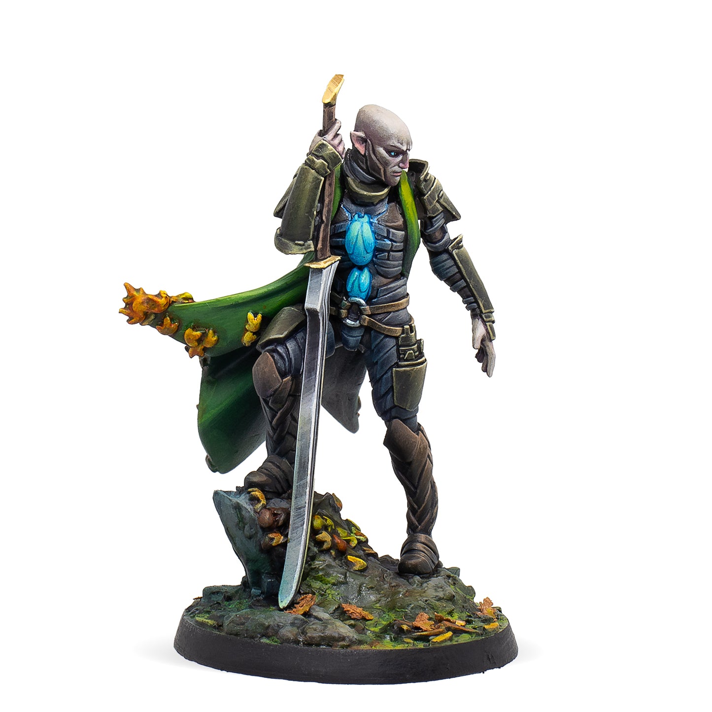 Fantasy figurine of a warrior with a sword on a white background