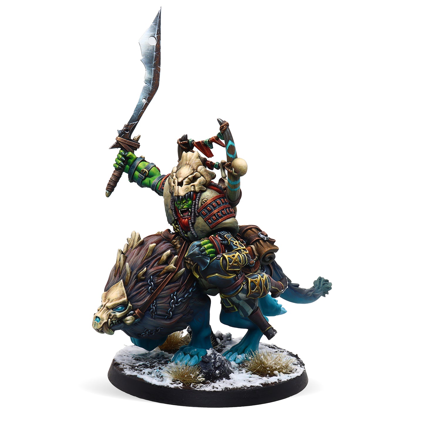 Fantasy figurine of a warrior on a creature with detailed armor and weapons on a white background