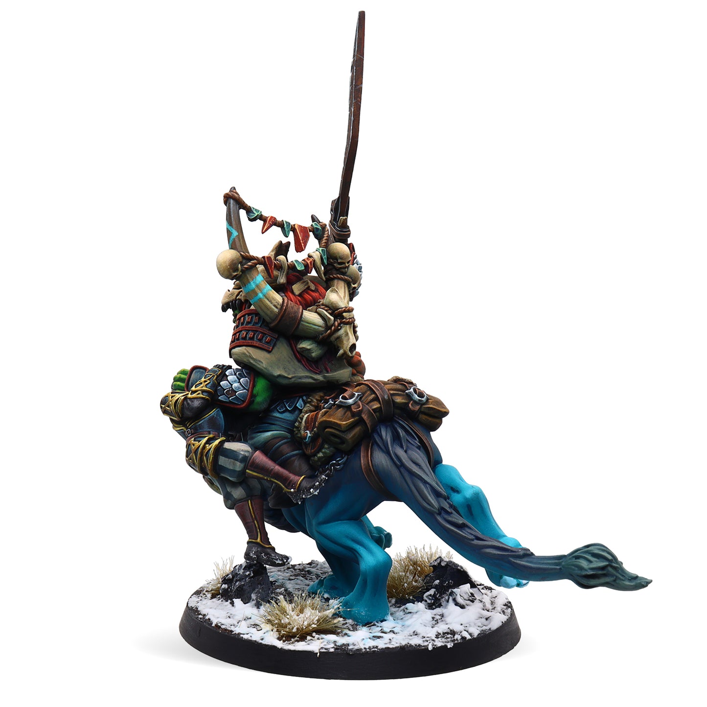 Colorful fantasy figurine with a weapon on a white background