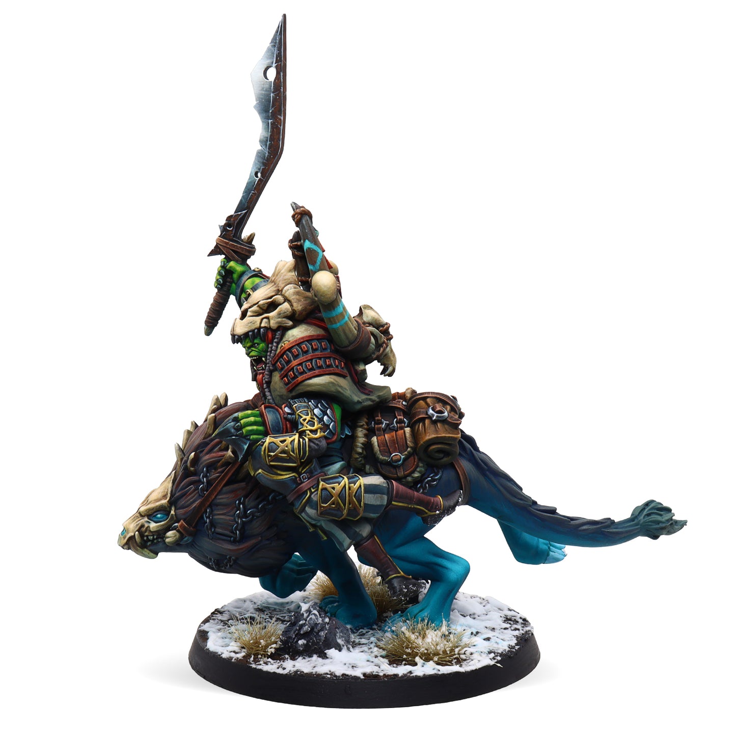 Miniature figure of a warrior on a dragon-like creature with detailed armor and weapons on a white background