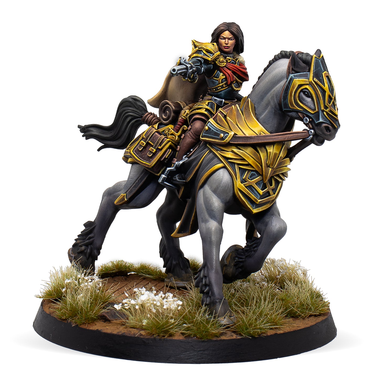 A painted miniature figure depicting a mounted hetman in armor on a horse, with decorative elements and a grass base.