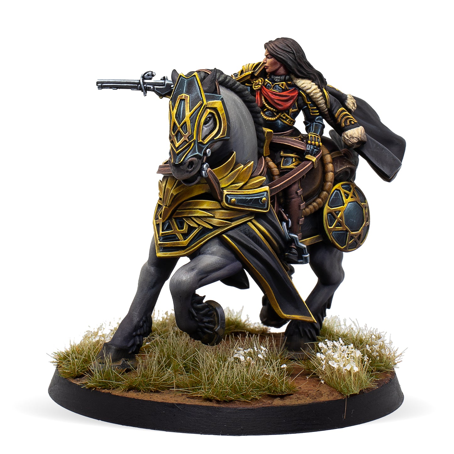 scale miniature of mounted hetman riding horseback while aiming a pistol upfield.