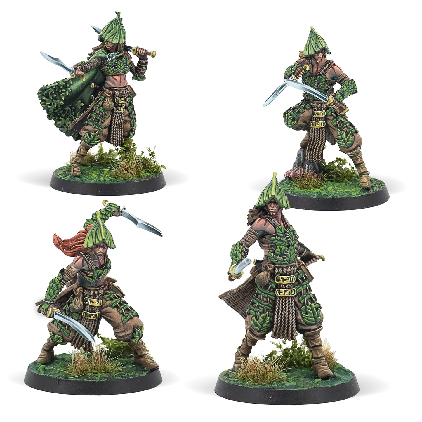 A set of four Grove Curtailers miniature figures from the Warcrows game, featuring fantasy-style armor and wielding swords.
