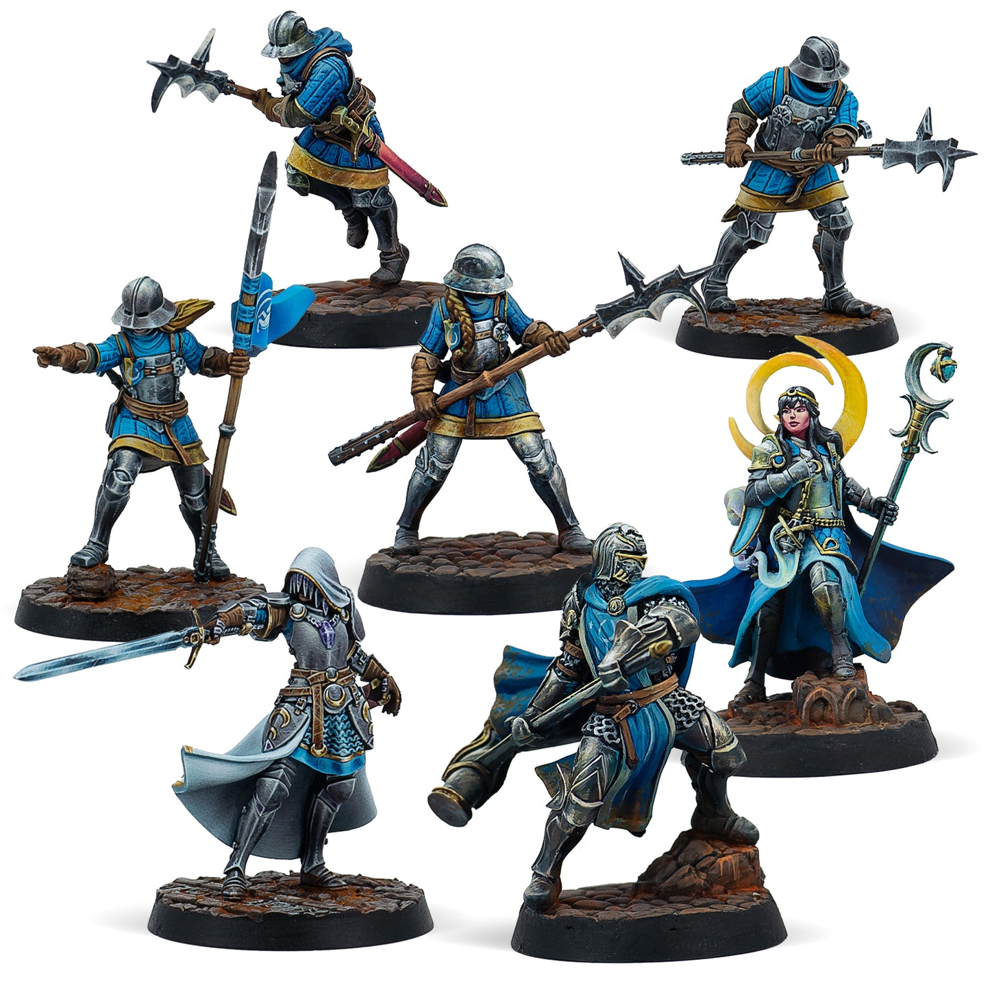 Collection of detailed miniature figurines on stands against a white background