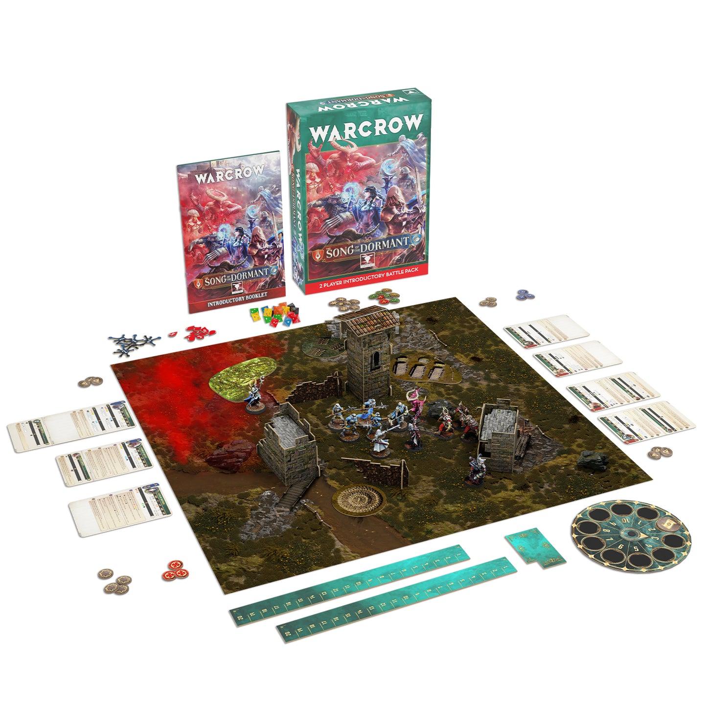 Warcrow board game set with pieces and components on a white background