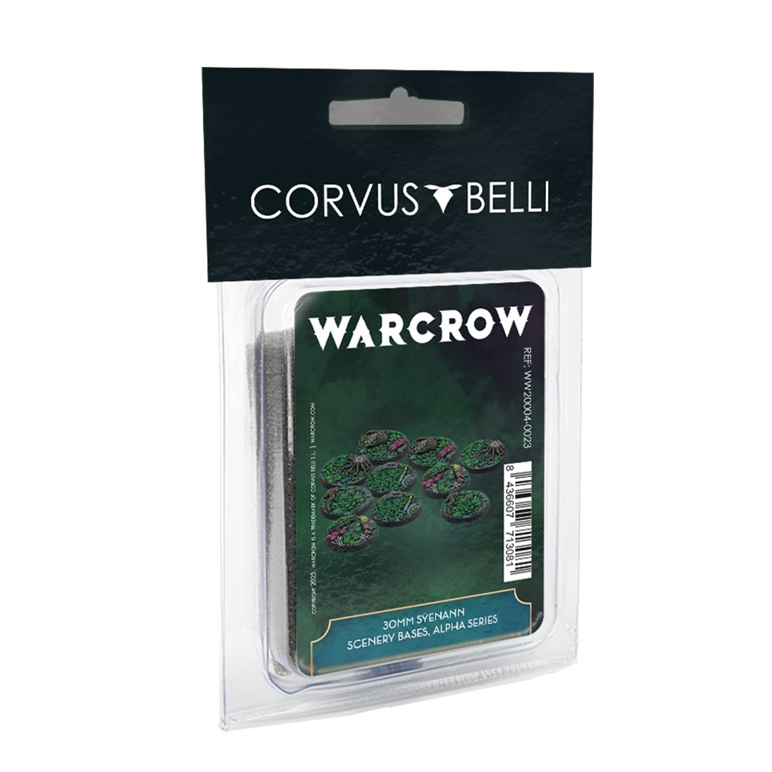 Packaging of 30mm Séynann Scenery Bases for miniature gaming, branded by Corvus Belli.