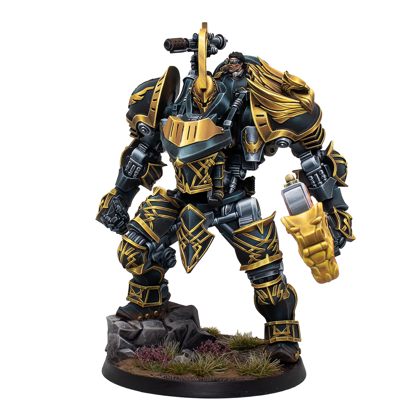 Detailed figurine with black and gold armor on a white background