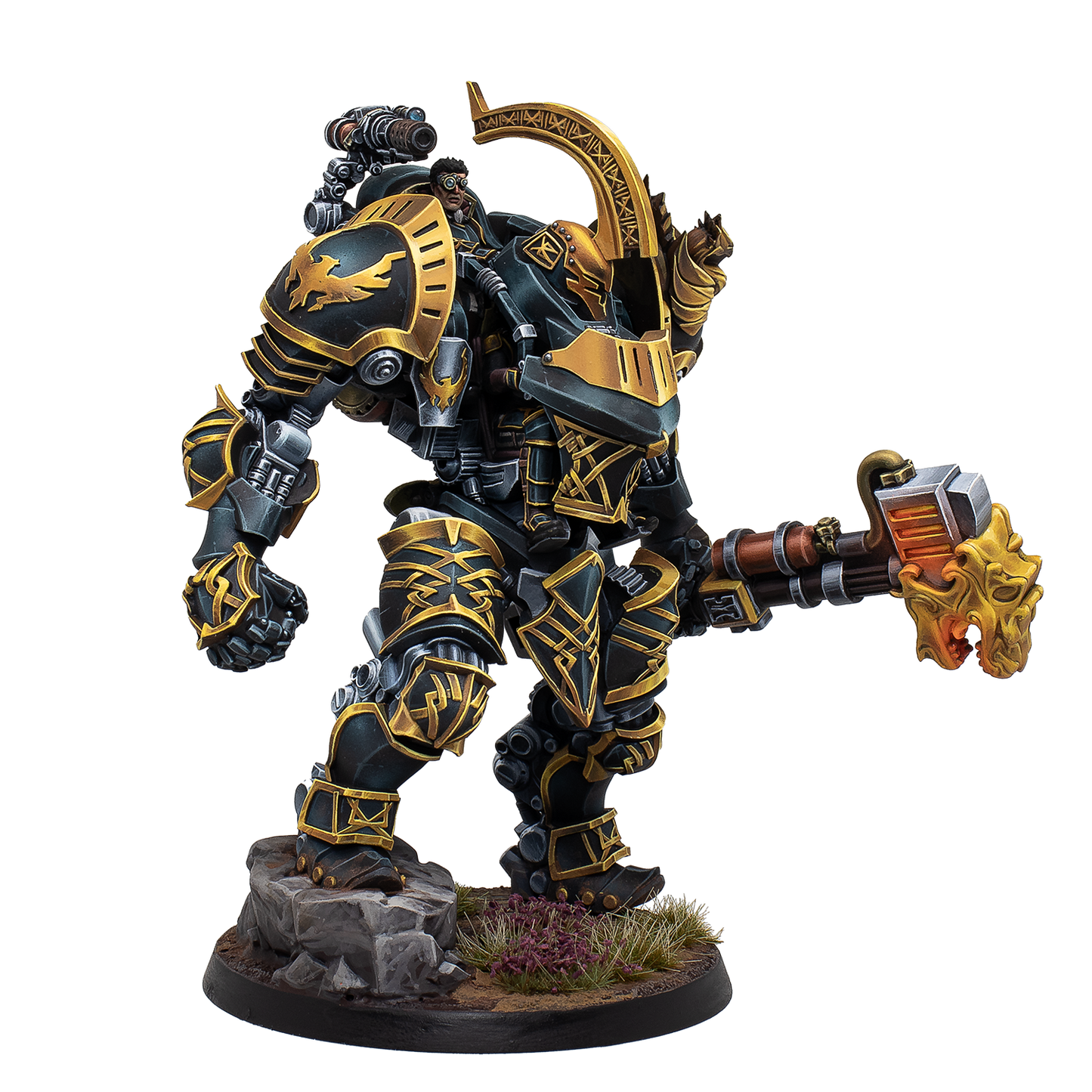 Warhammer figurine with detailed armor and weapon on a white background