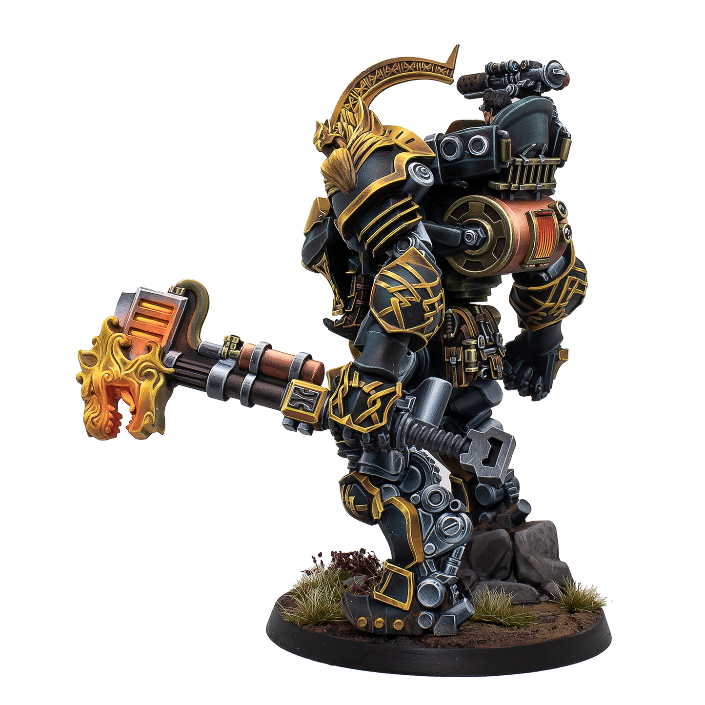 Mechanical figure with a large weapon on a white background