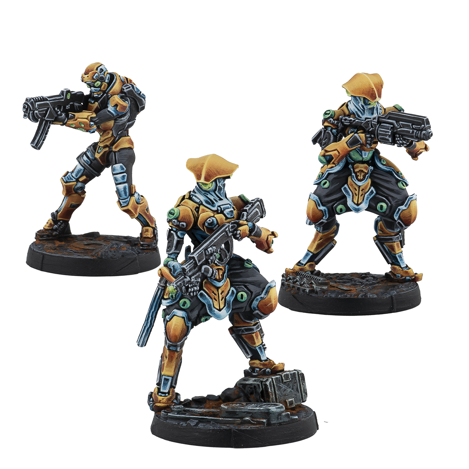 Three detailed figurines with futuristic armor and weapons on a white background