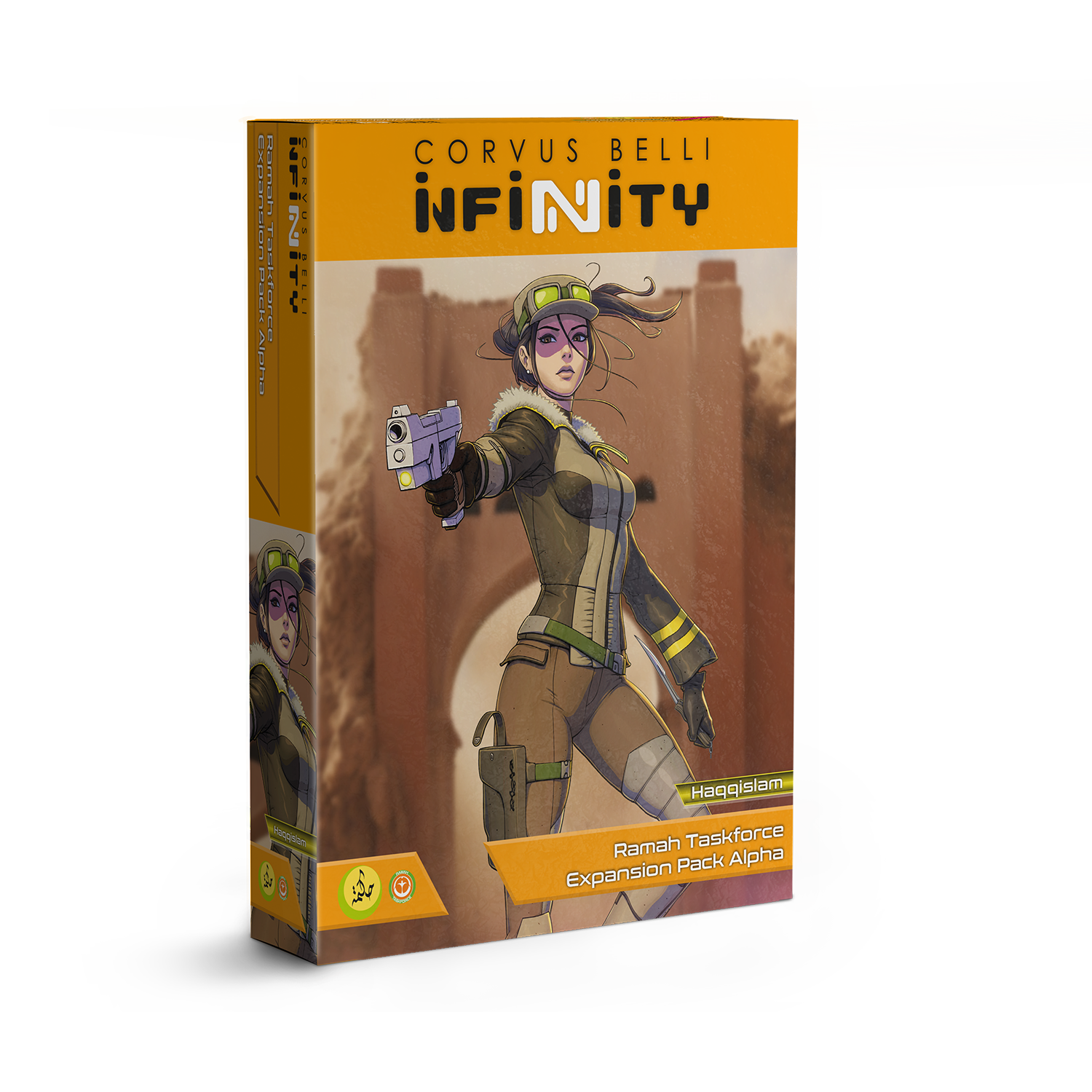 Box for 'Infinity' game expansion pack featuring a character in futuristic gear.
