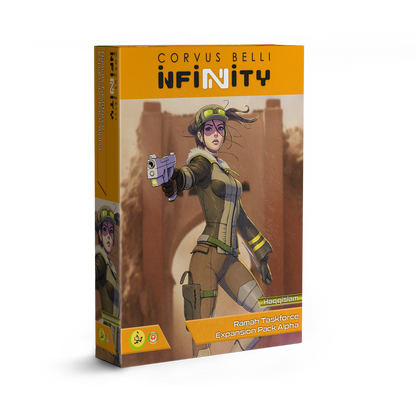 Box for 'Infinity' game expansion pack featuring a character in futuristic gear.