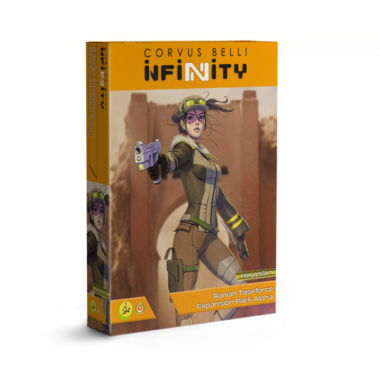 Box for 'Infinity' game expansion pack featuring a character in futuristic gear.