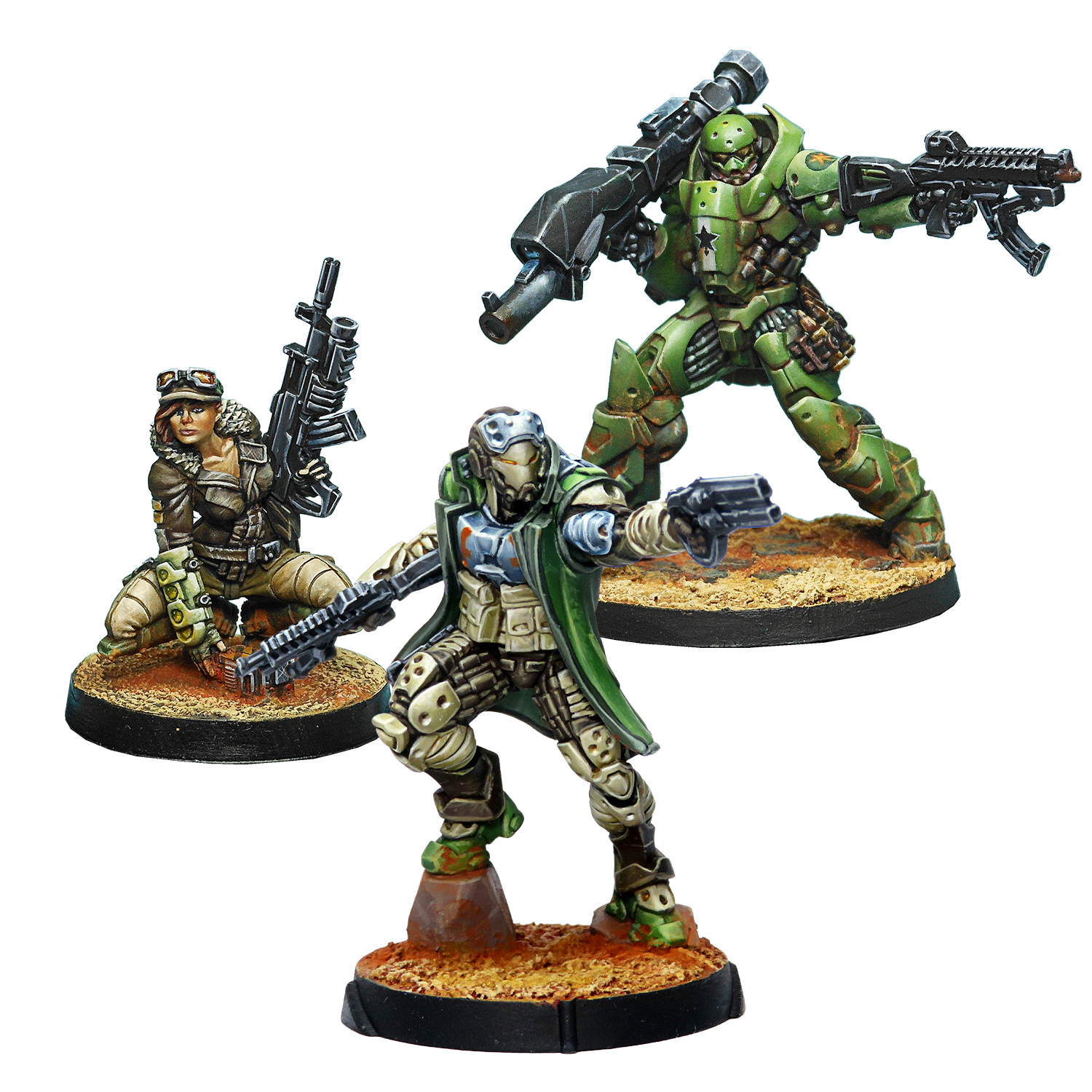 Three miniature figures with weapons on a white background