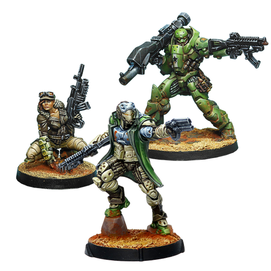 Three miniature figures with weapons on a white background