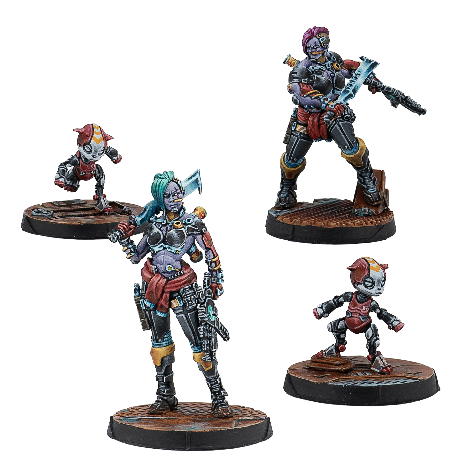 Four stylized figurines on bases against a white background