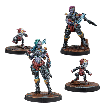 Four stylized figurines on bases against a white background