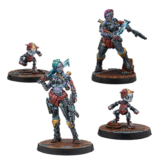 Four stylized figurines on bases against a white background