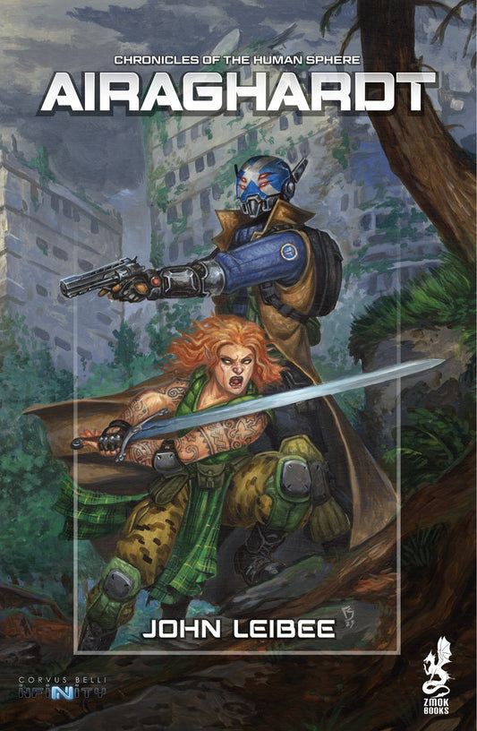 Book cover of 'Airaghardt' by John Leibee featuring a warrior with a gun and sword in an urban jungle setting.