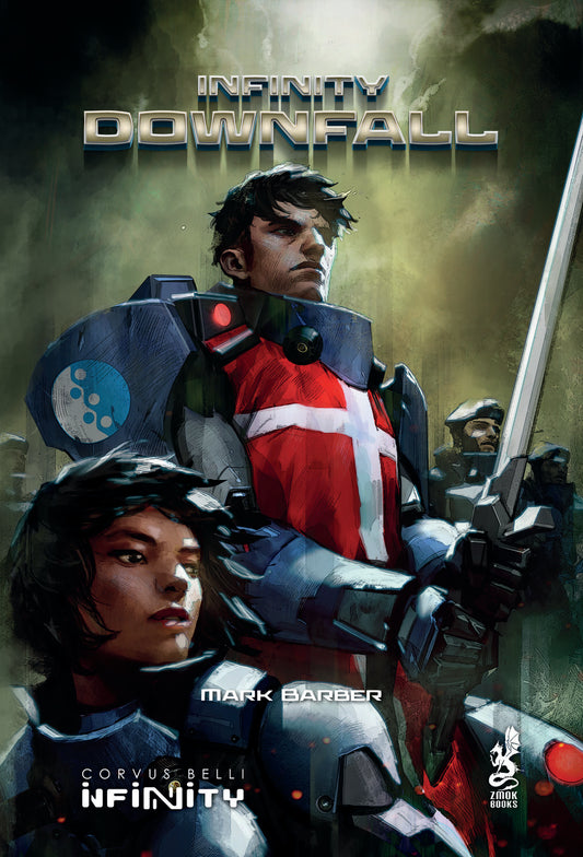 Cover of 'Infinity Downfall' with characters in futuristic armor and weapons.