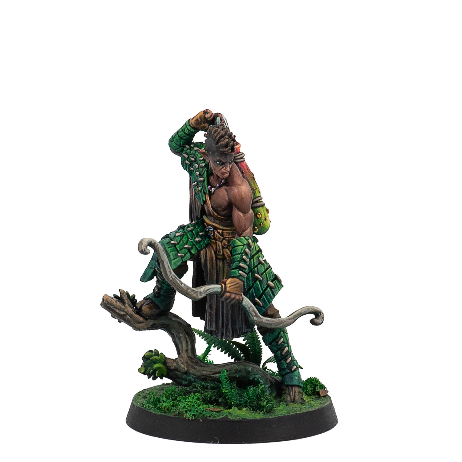 Statue of a warrior with a bow and green armor on a white background