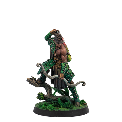 Statue of a warrior with a bow and green armor on a white background