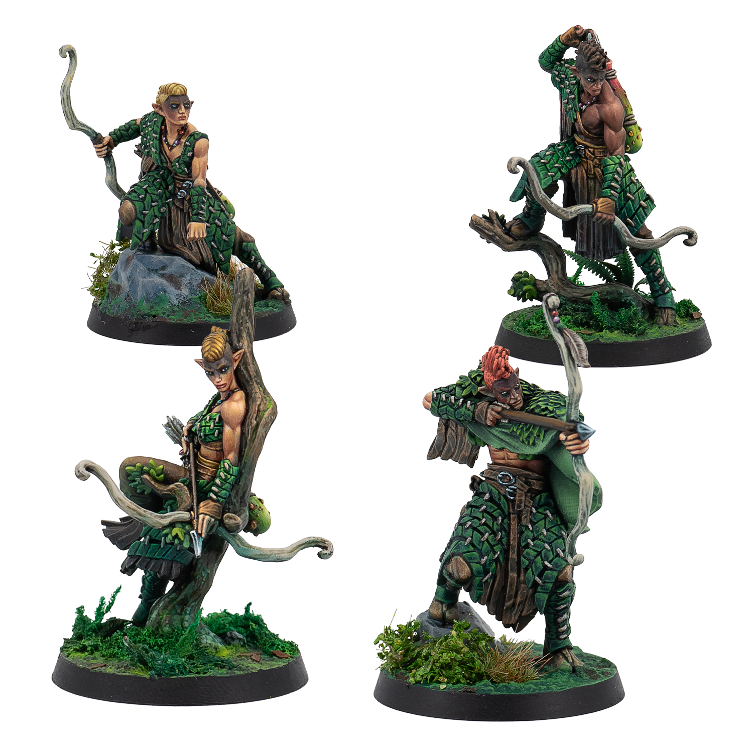 Four fantasy figurines with archers on a white background