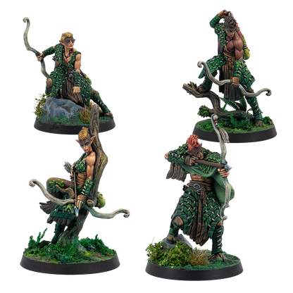 Four fantasy figurines with archers on a white background