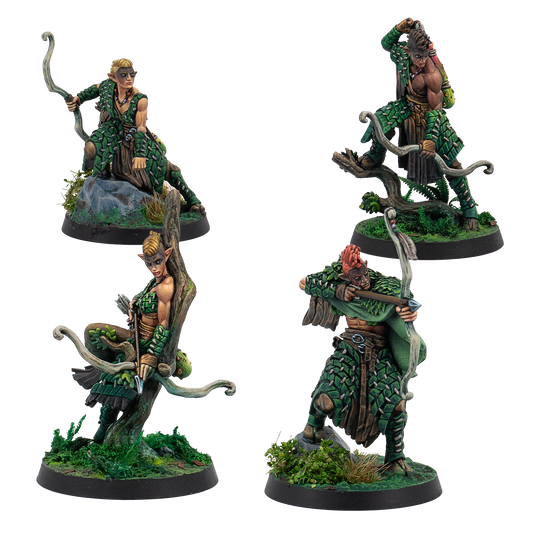 Four fantasy figurines with archers on a white background