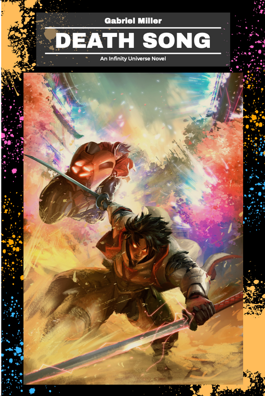 Book cover of 'Death Song' featuring two warriors in a cosmic battle scene.