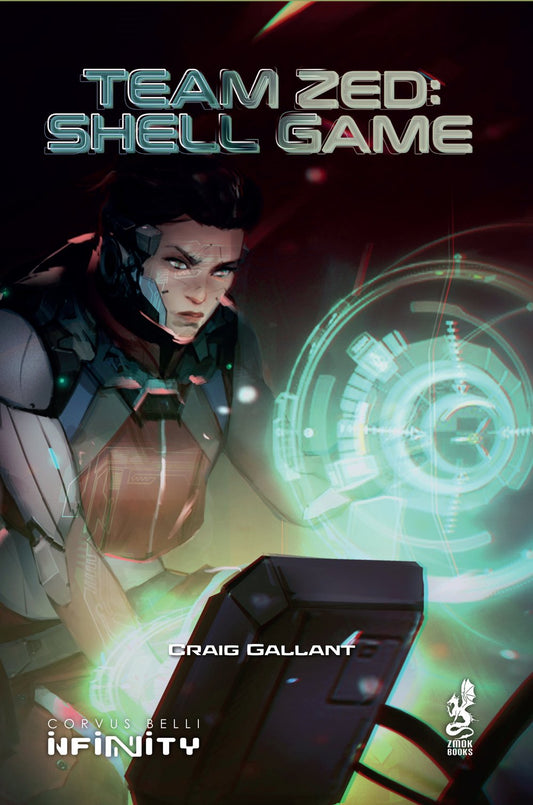Book cover of 'Team Zed: Shell Game' featuring a character in futuristic gear with a digital interface.